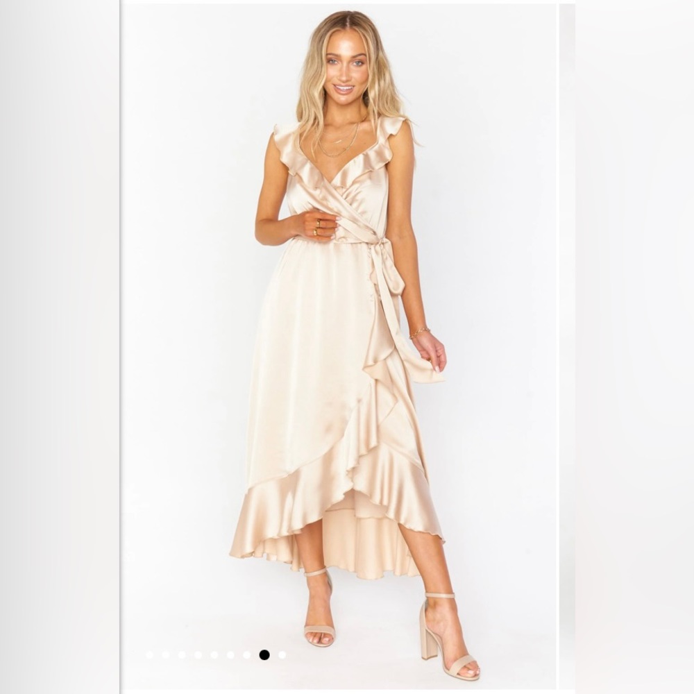 Samantha Ruffle Wrap Dress ~ Champagne Luxe Satin - size smal”
